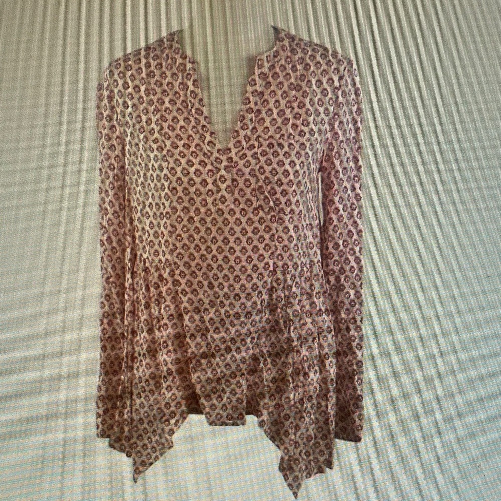 Boho V-Neck Long Sleeve Tunic Top in Dusty Rose Print